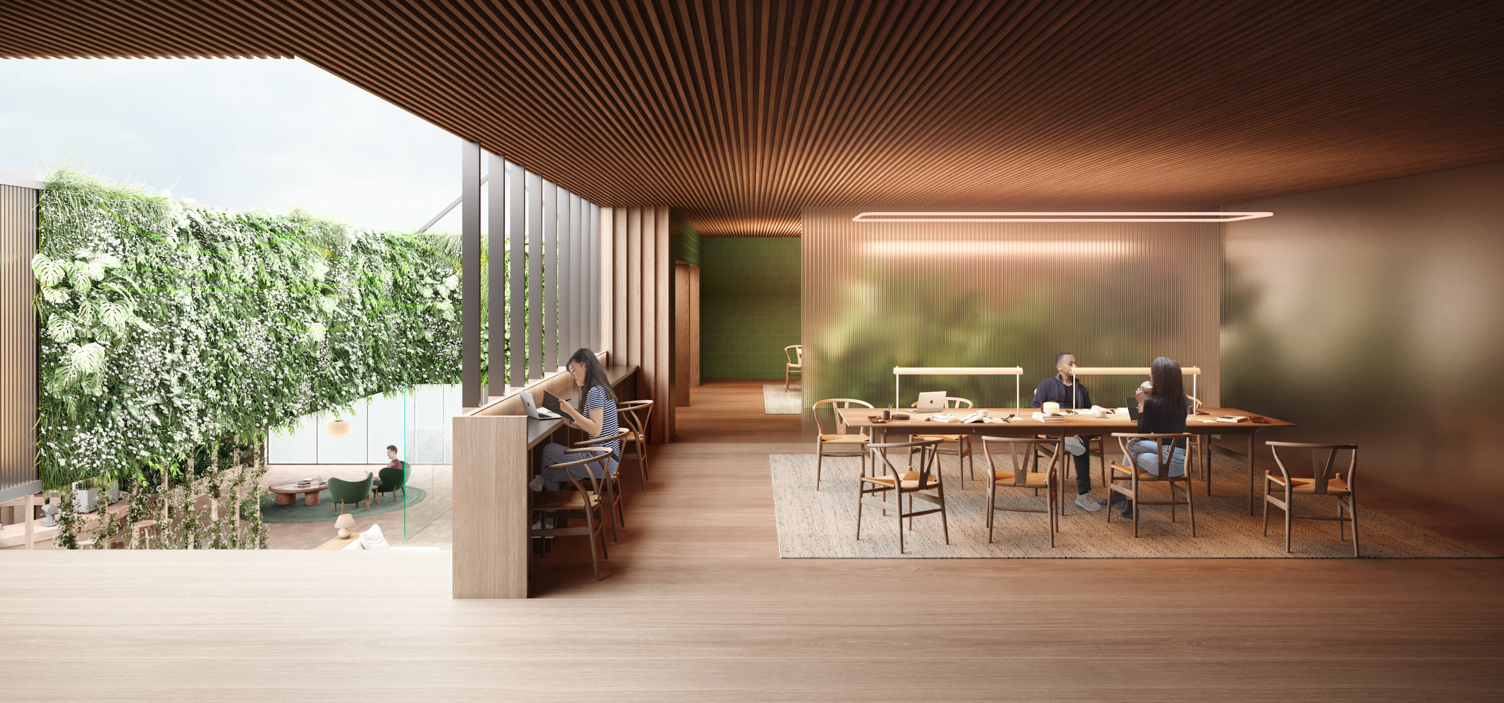 A CGI of communal workstations situated near the espresso bar